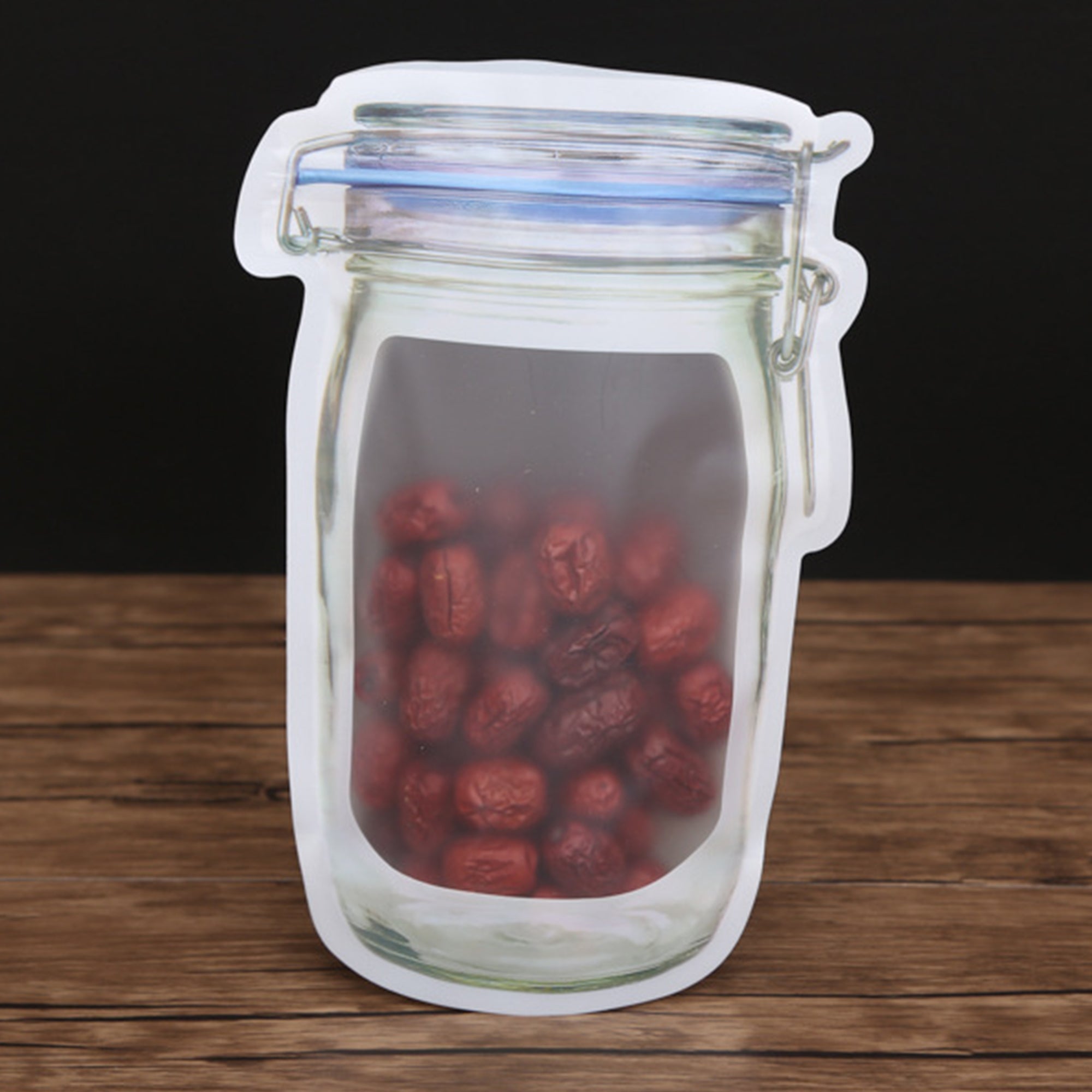 Organized pantry with the transparent mason jar zipper bags storing various food items.