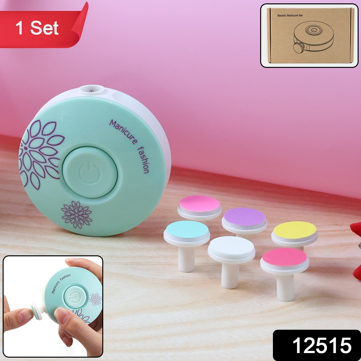 Components of baby electric manicure and nail care set with various attachments