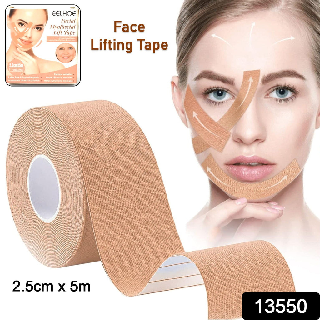 Woman demonstrating facial contouring with Face Lifting Tape for a defined jawline.