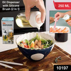2-in-1 oil dispenser with integrated silicone brush on a kitchen counter.