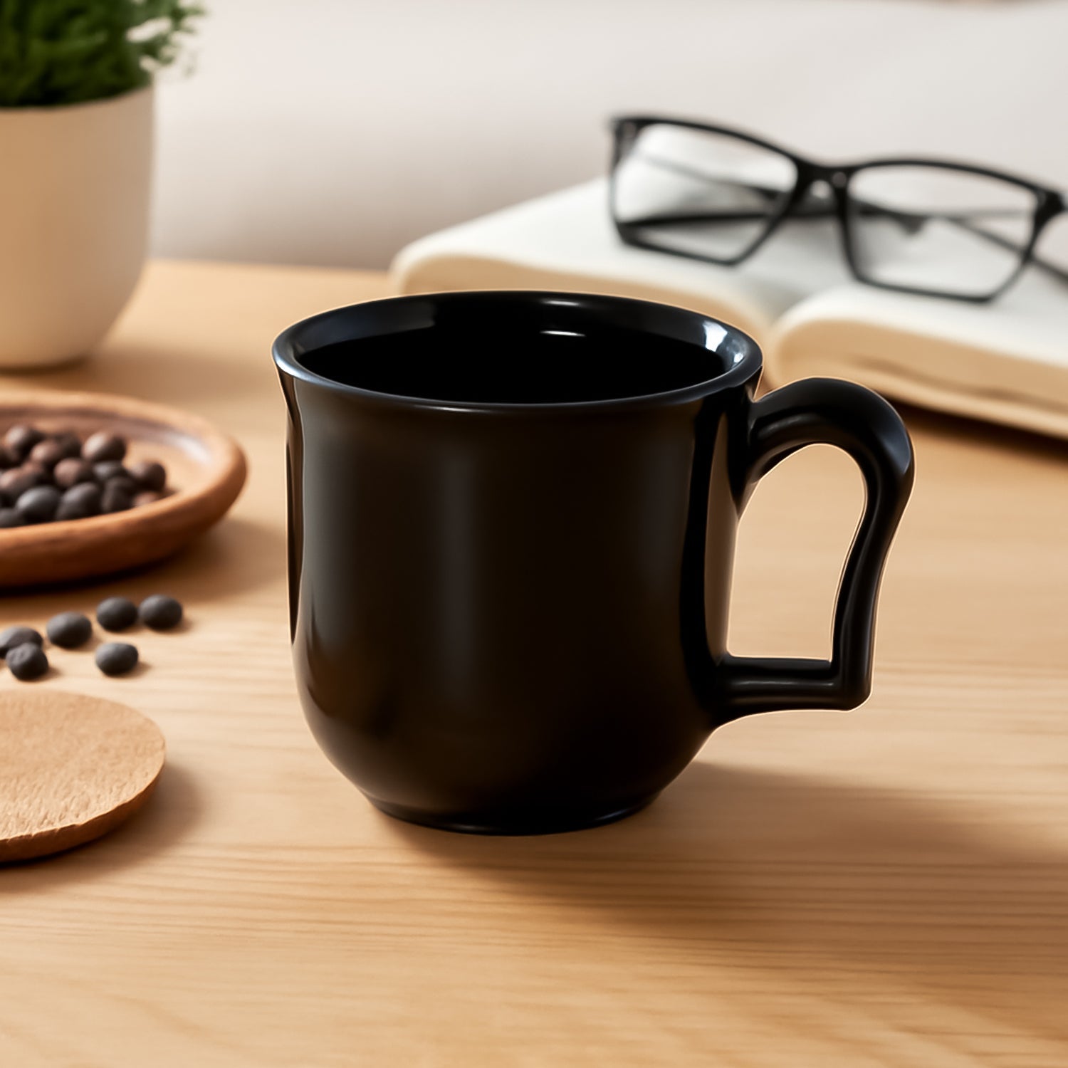 Premium black plastic coffee mug with a comfortable handle, ready for daily use.
