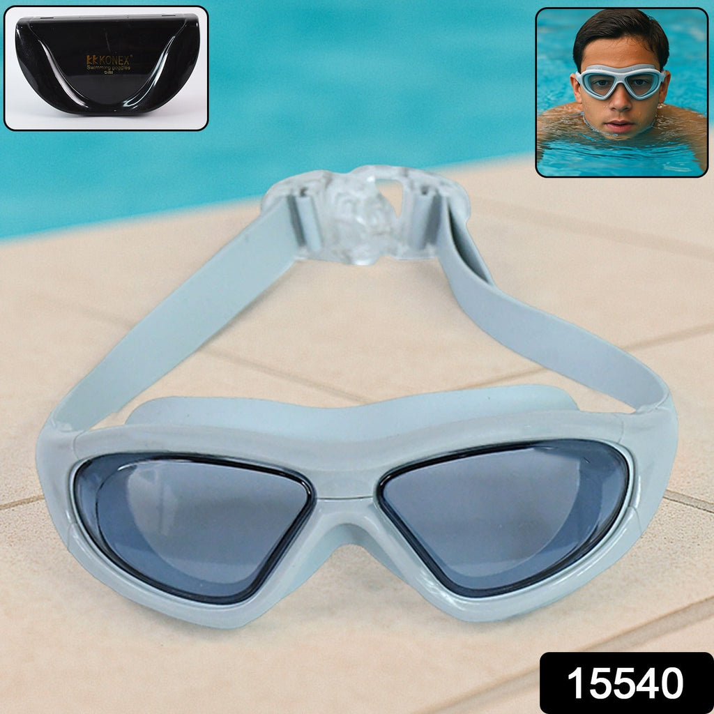 Side profile of grey wide vision swimming goggles