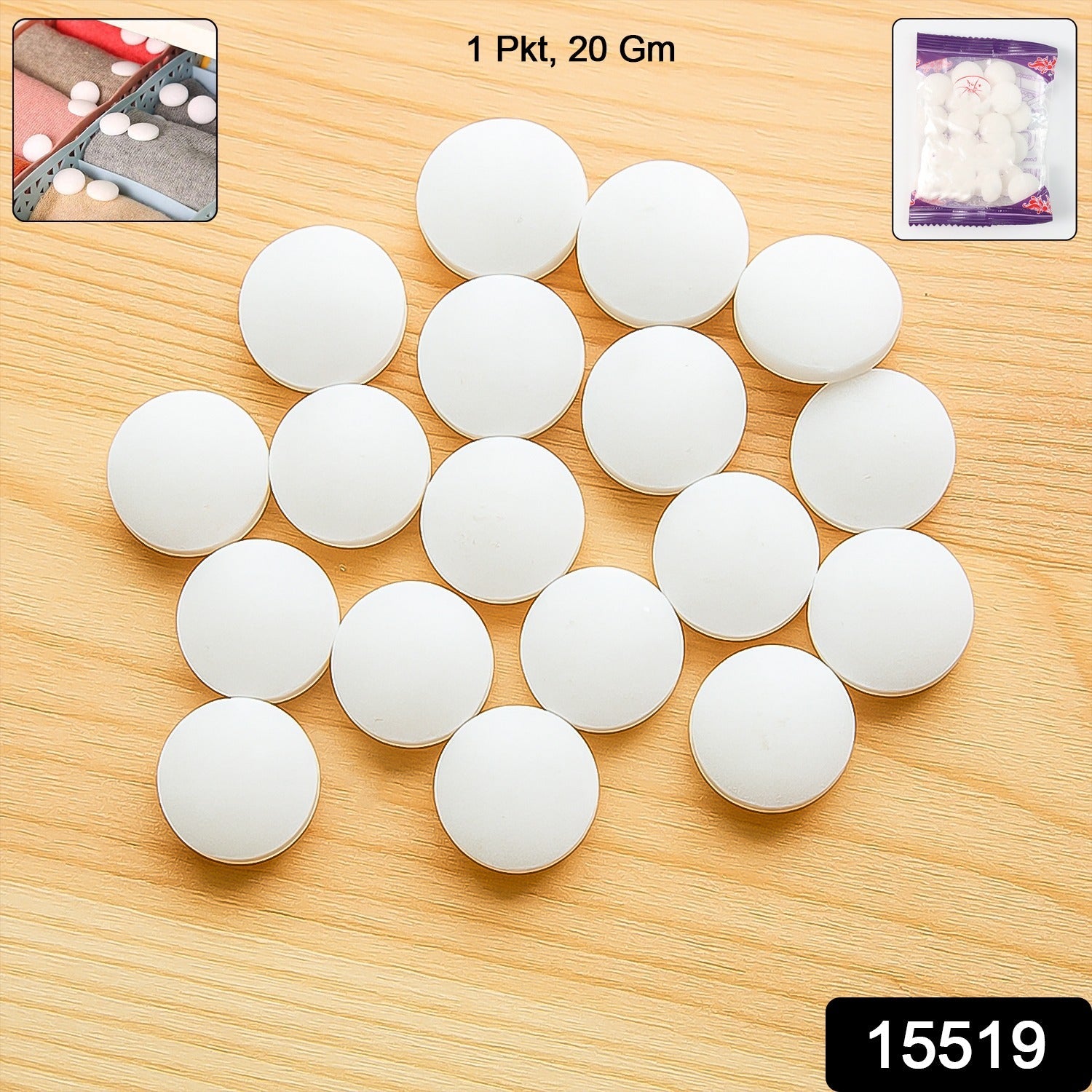 Cupboard deodorizer tablets in packet for moth repellent and fresh storage