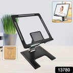 Adjustable desktop stand securely holding a tablet, perfect for video calls or movies.