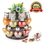 Top-down view of the rotating spice organizer, full of various Indian masalas.