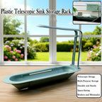 Full view of plastic telescopic sink storage rack over kitchen sink
