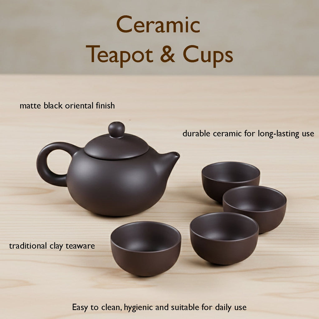 Black ceramic teapot featuring an ergonomic handle for comfortable pouring