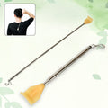 Fully extended stainless steel back scratcher for maximum reach and itch relief.