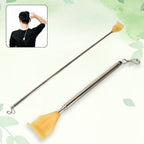 Fully extended stainless steel back scratcher for maximum reach and itch relief.