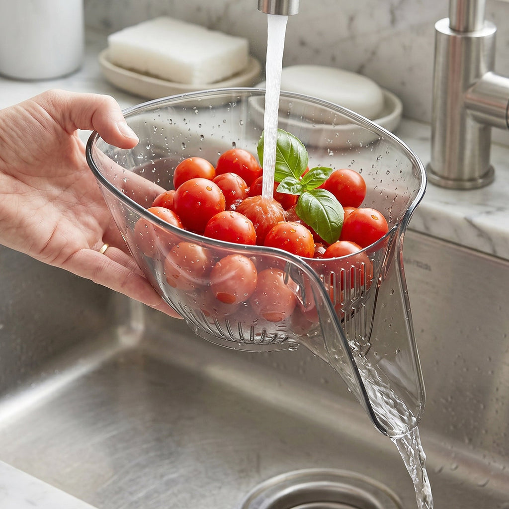 Front view of the kitchen sink strainer basket in use
