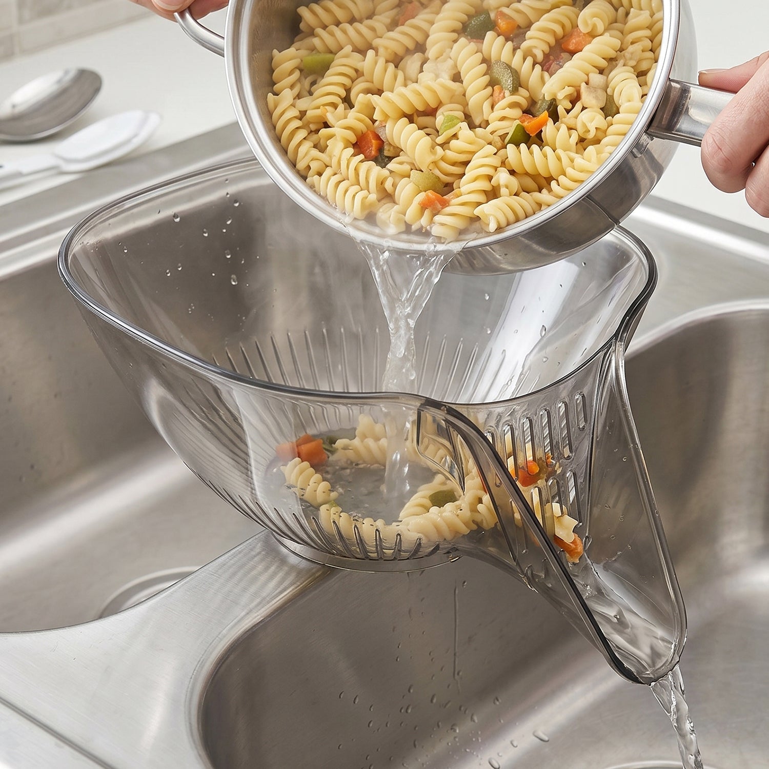 Strainer basket placed in kitchen sink for washing produce
