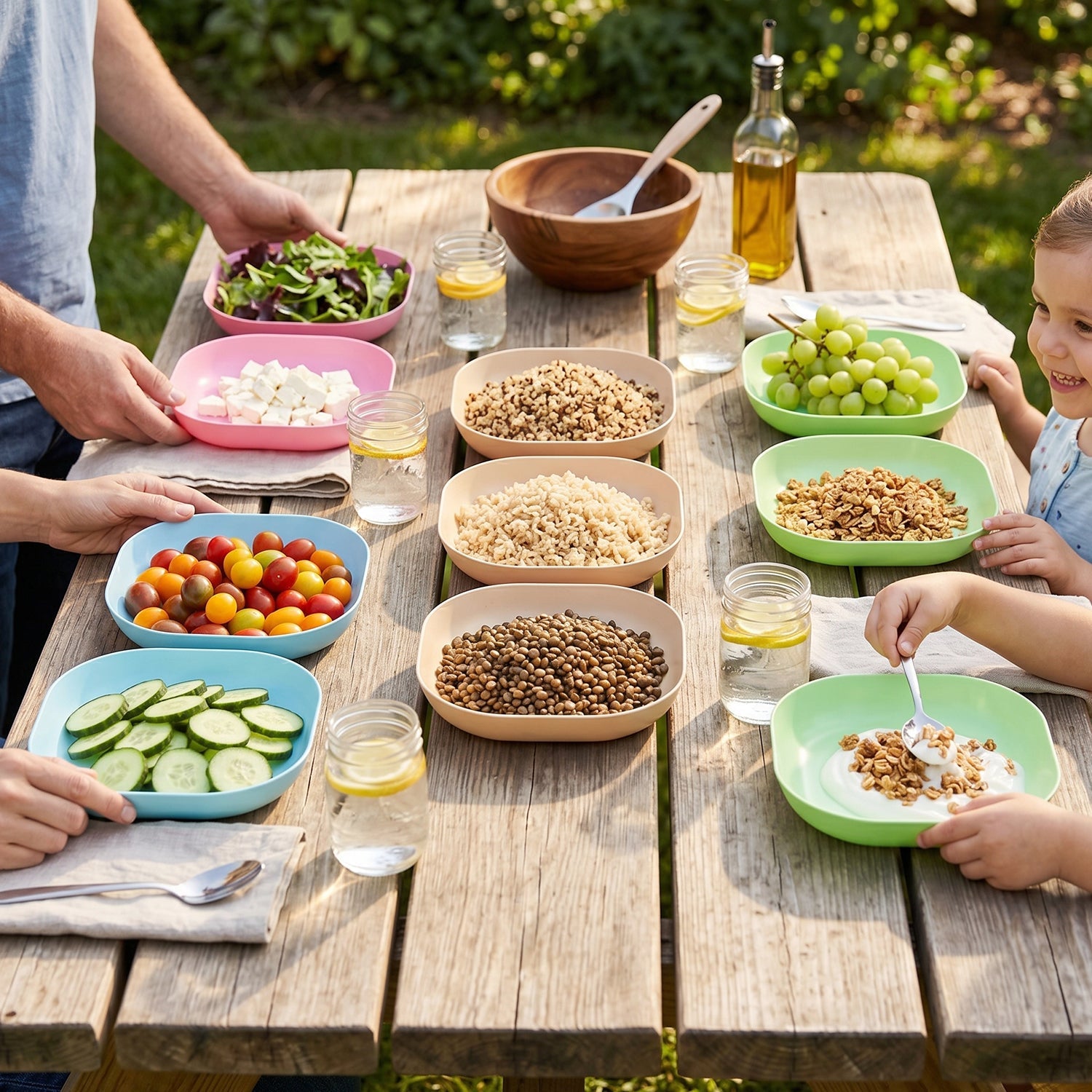 Multicolor plastic snack plates set for picnics