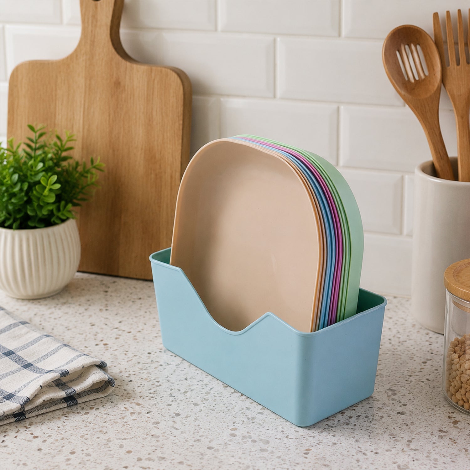 Stacked 11-in-1 plastic snack serving plates