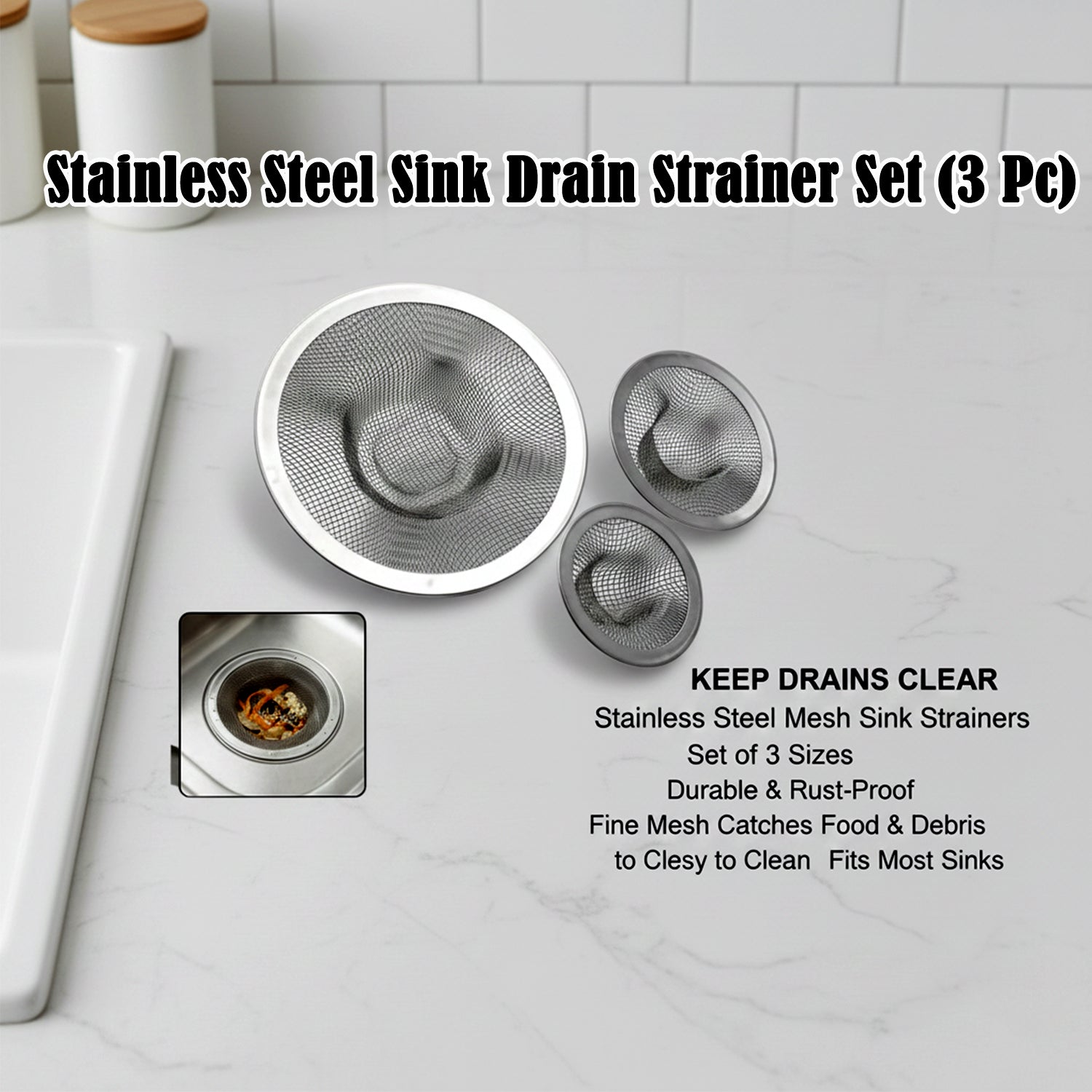 Pack of three stainless steel sink drain strainers neatly arranged