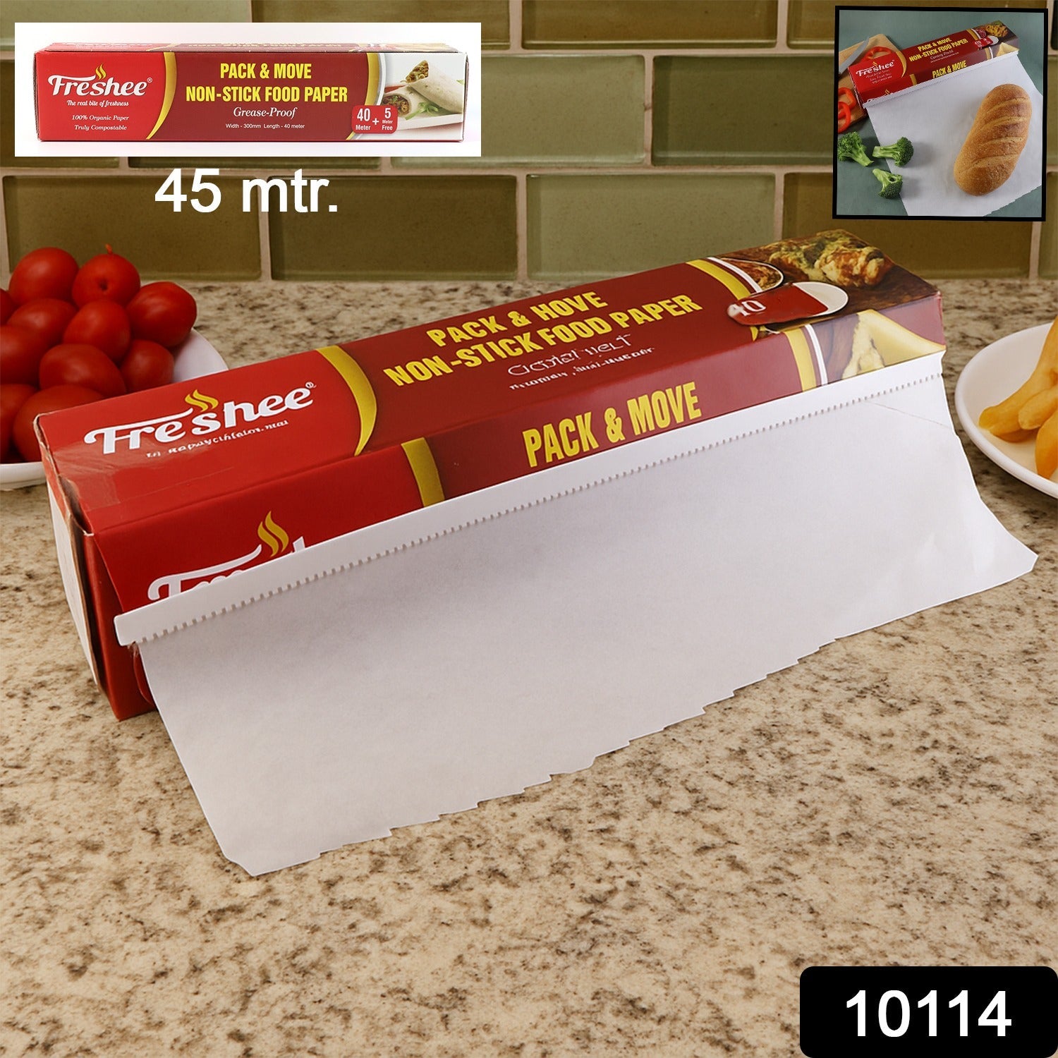 Close-up of Freshee non-stick food paper roll with serrated cutter edge