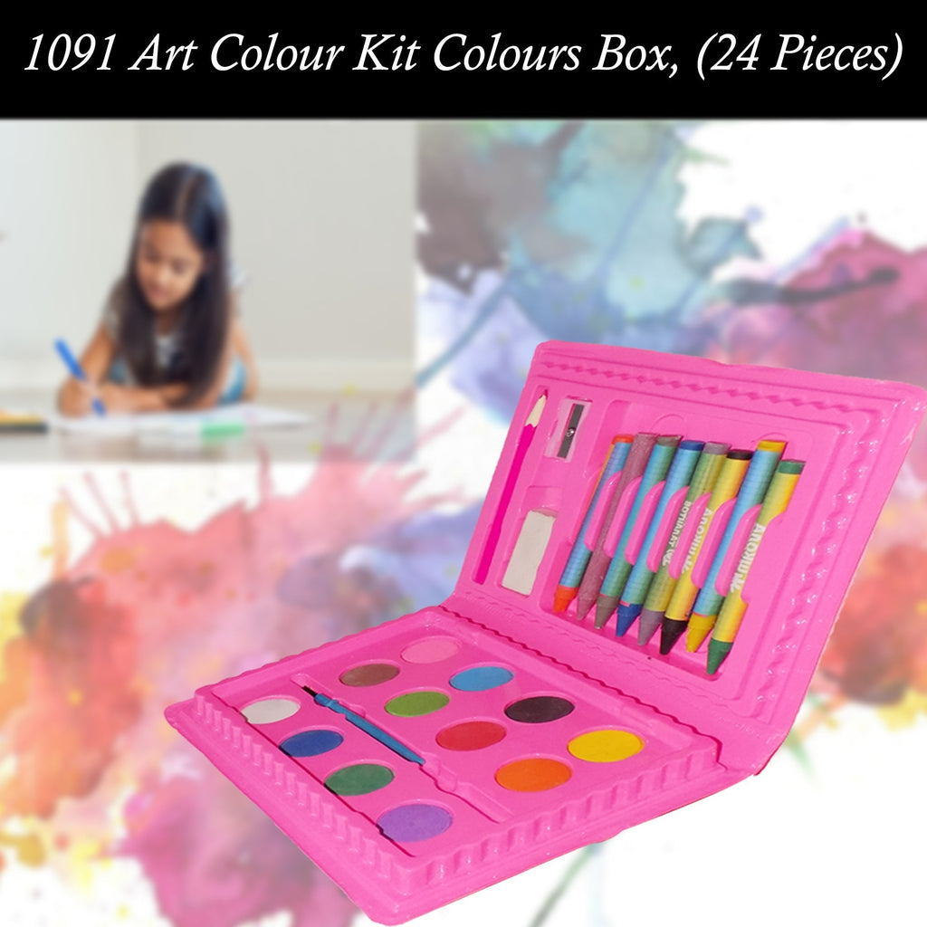 Close-up of the 24-piece art kit, highlighting the vibrant crayons and watercolours.