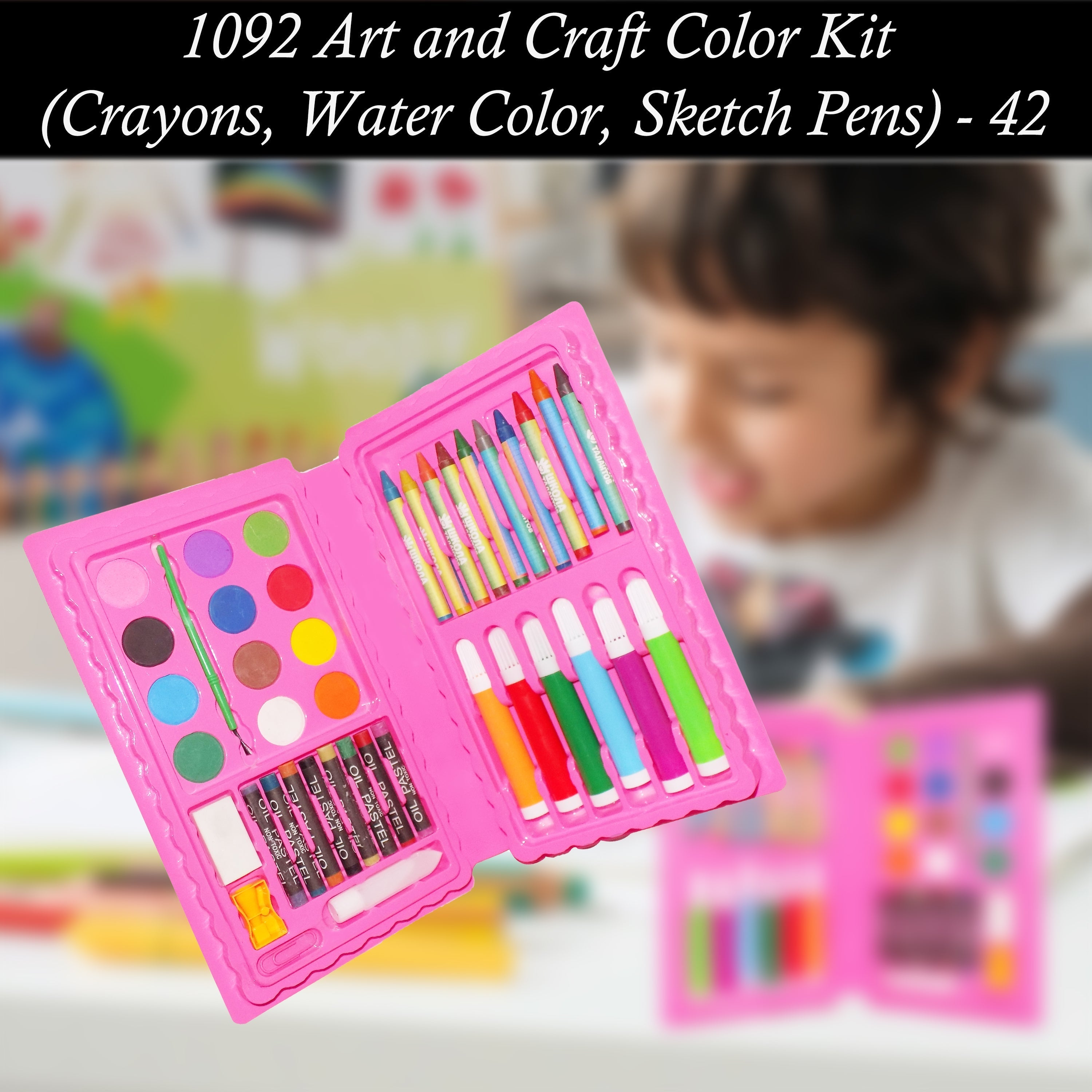 Top-down view of the comprehensive art and craft kit components.