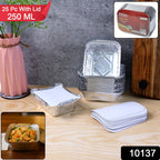 Pack of 25 aluminium foil containers with white paperboard lids stacked for takeaway use