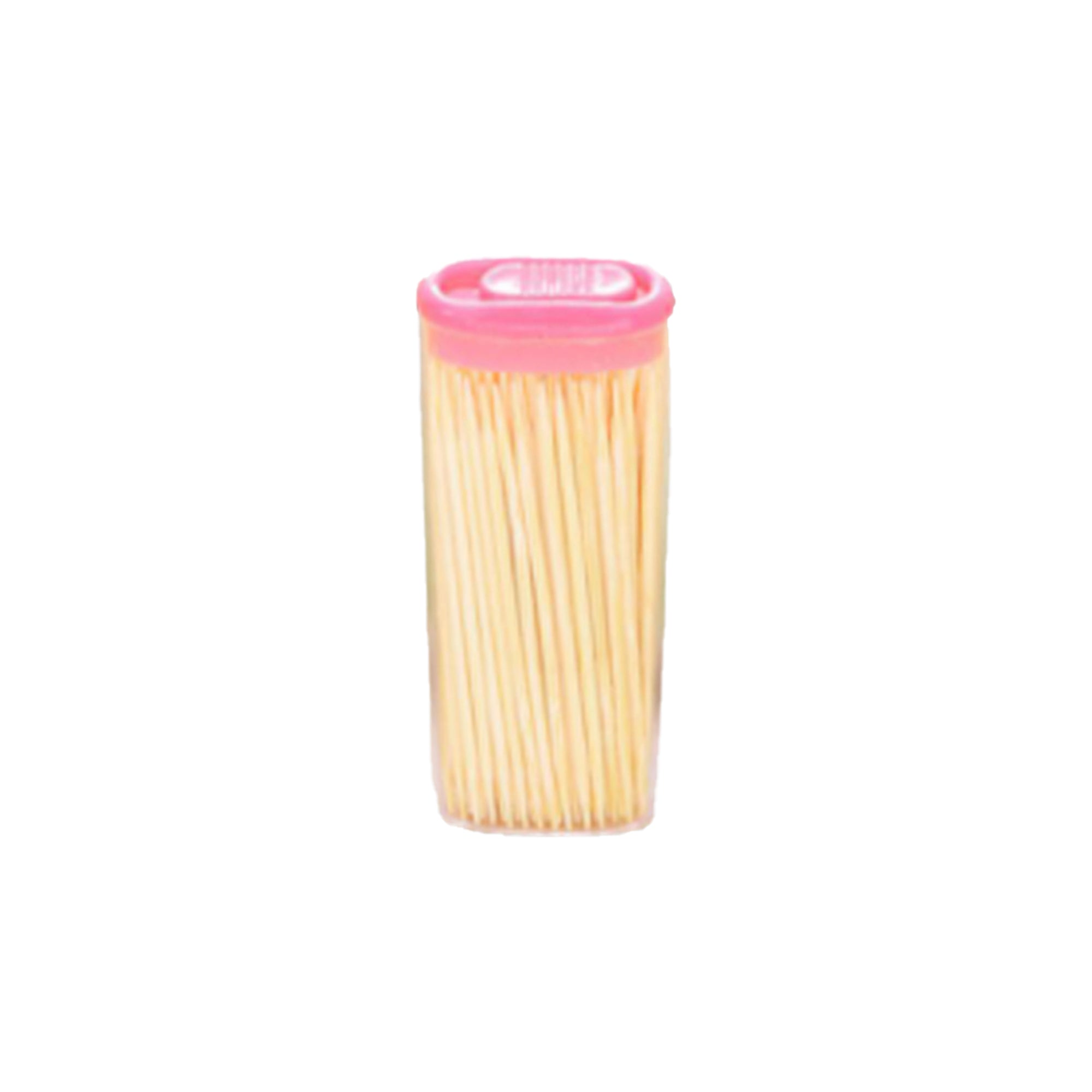Reusable dispenser box filled with Organivo bamboo toothpicks on a clean surface.