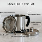Stainless steel oil filter pot with airtight lid for hygienic oil storage