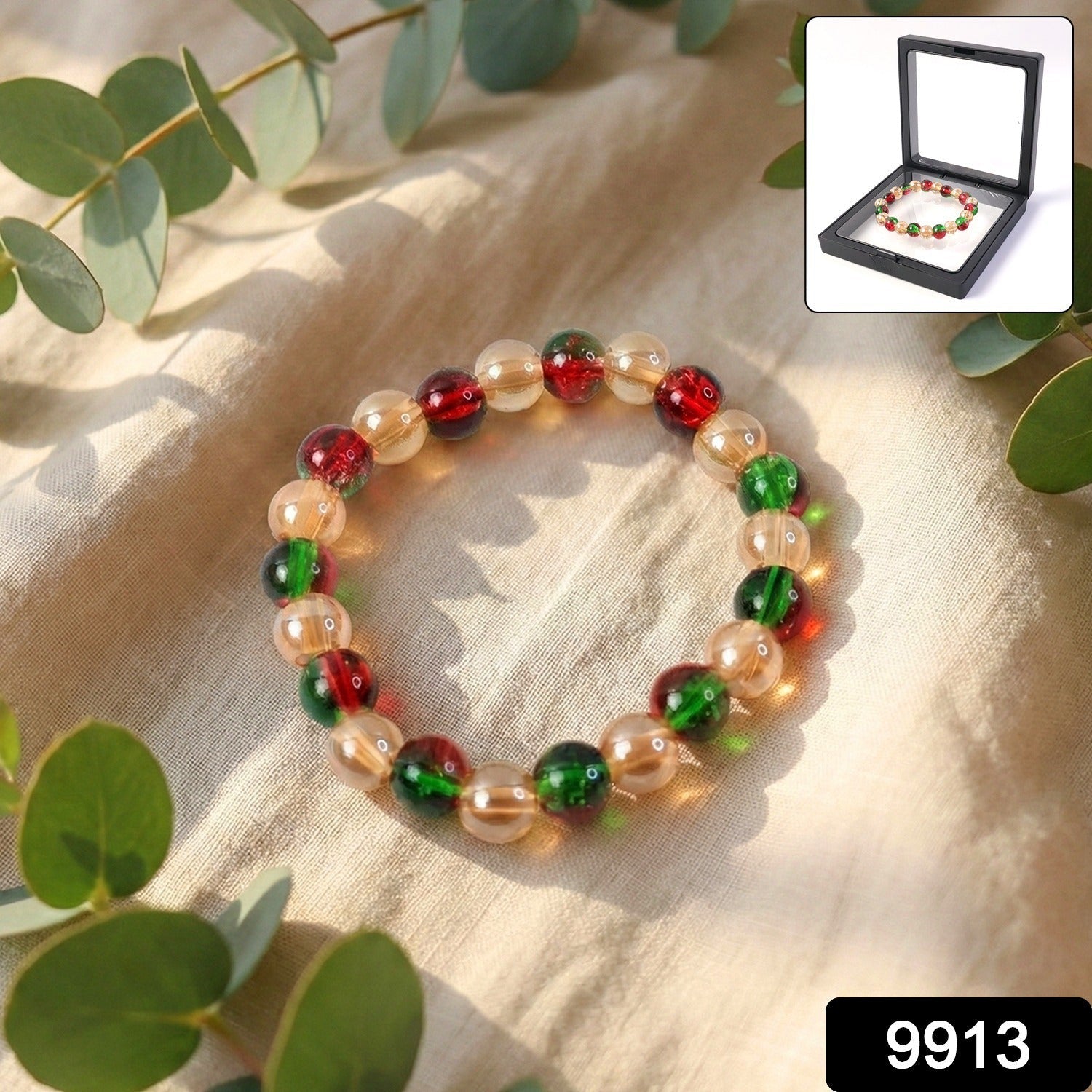 Elastic multicolor bead bracelet displayed in a jewellery box, perfect for gifting