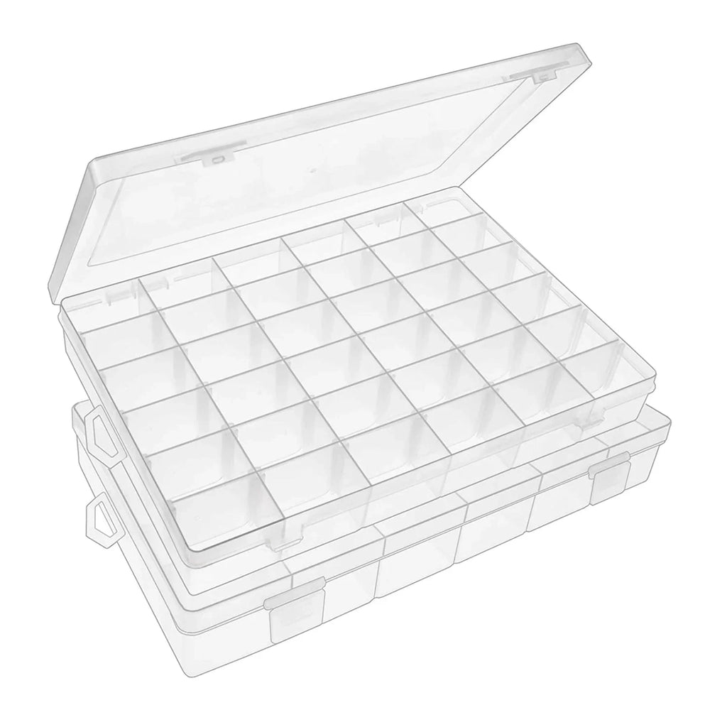 Plastic organizer box with adjustable dividers showcasing its clear design.