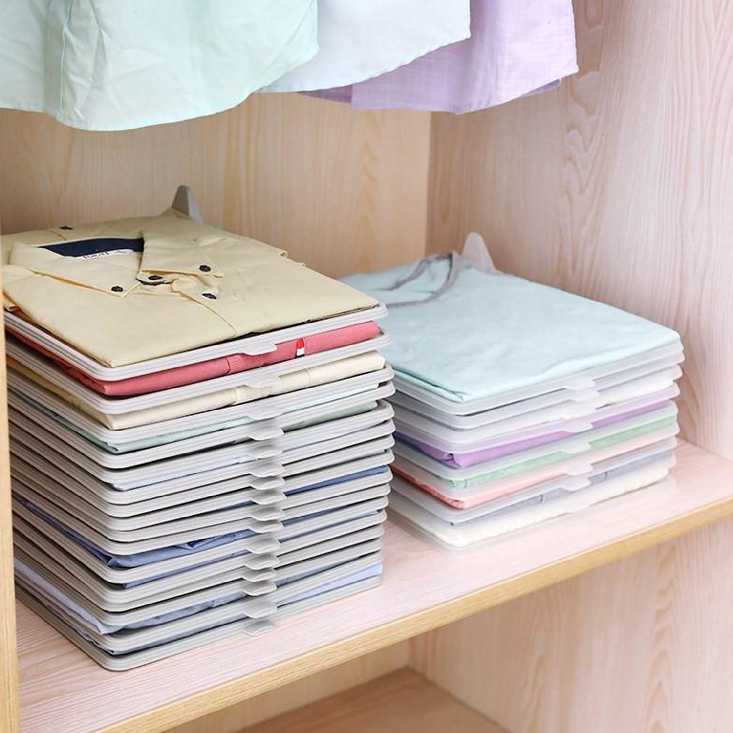 Lightweight wardrobe organizer for tidying up folded clothing at home.