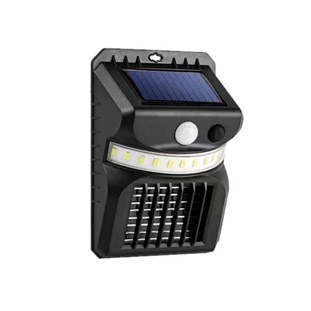 Solar mosquito zapper with motion activated light installed on a fence.