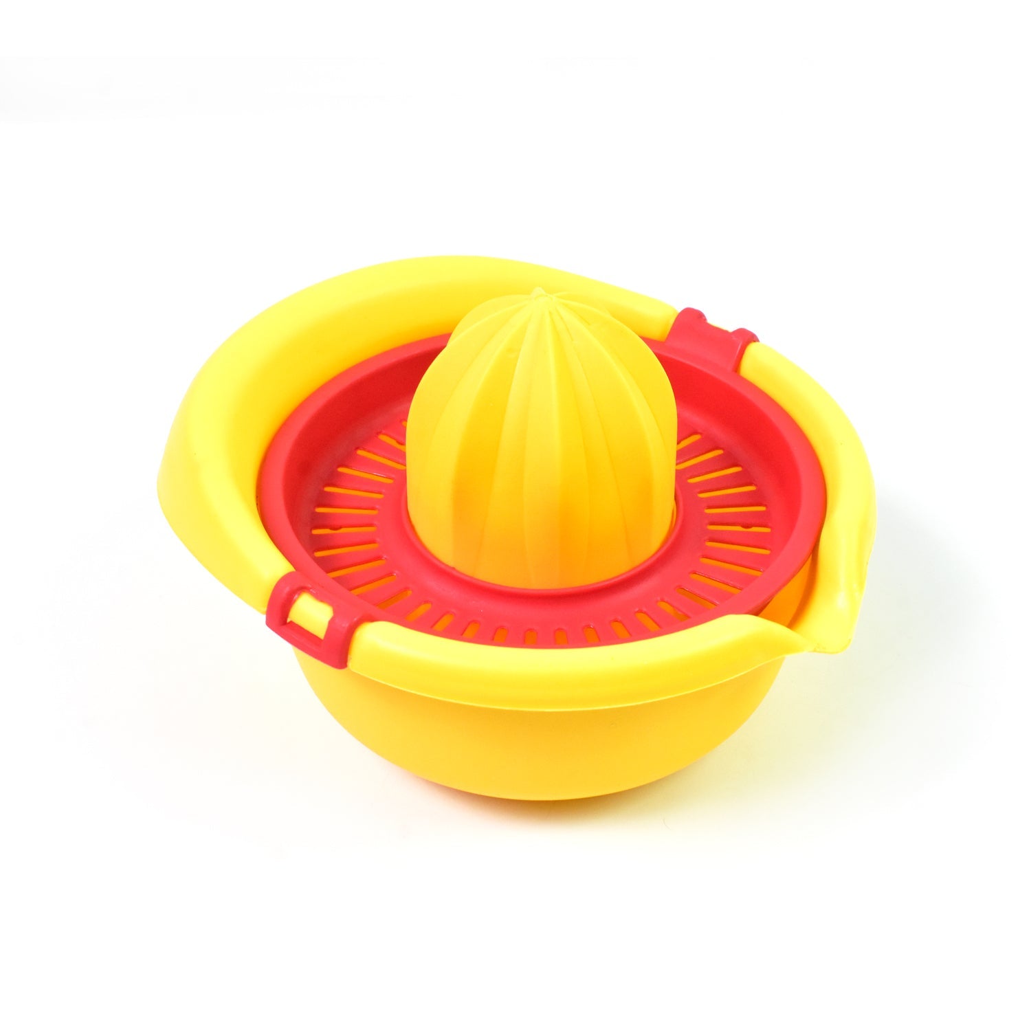 Full view of the Orange Hand Press Juicer, ready for use in a kitchen.