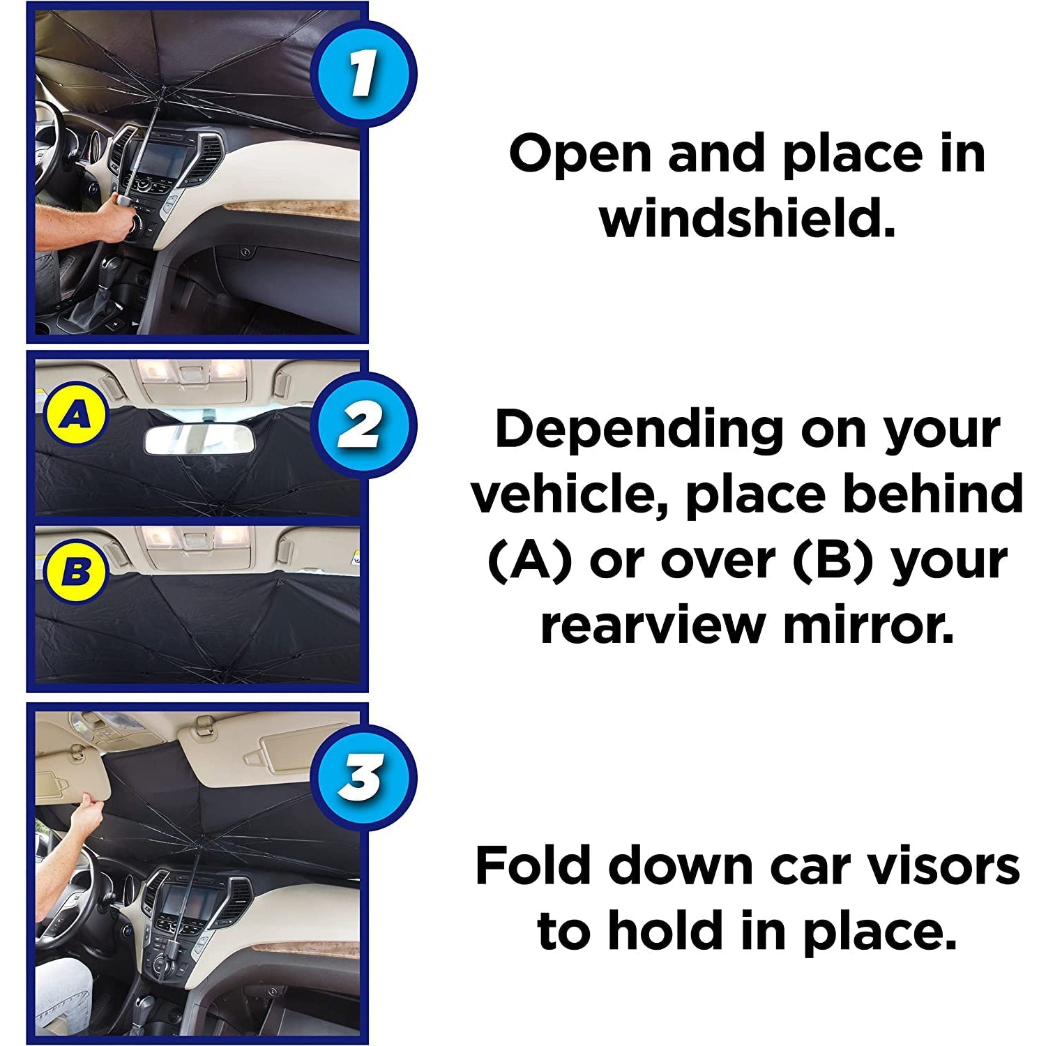 Foldable car sunshade neatly stored in a car's door pocket.
