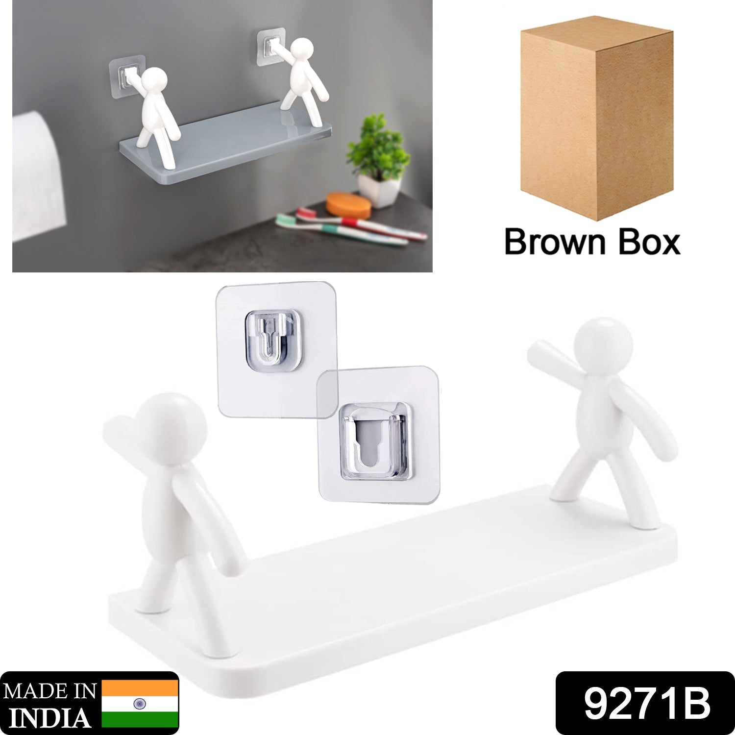 Wall-mounted organiser shelf with human figurine, ideal for displaying small items.
