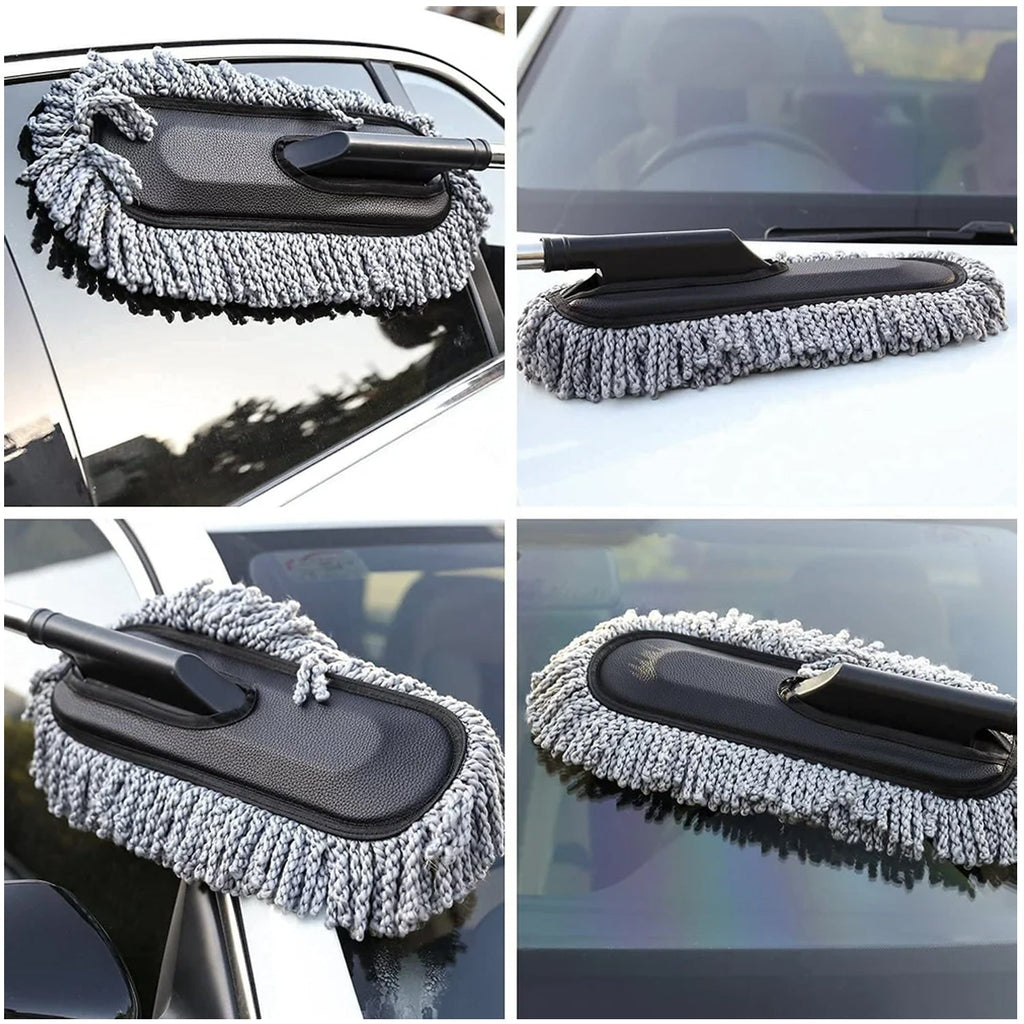 Close-up of soft microfiber bristles and ergonomic handle on the car duster.