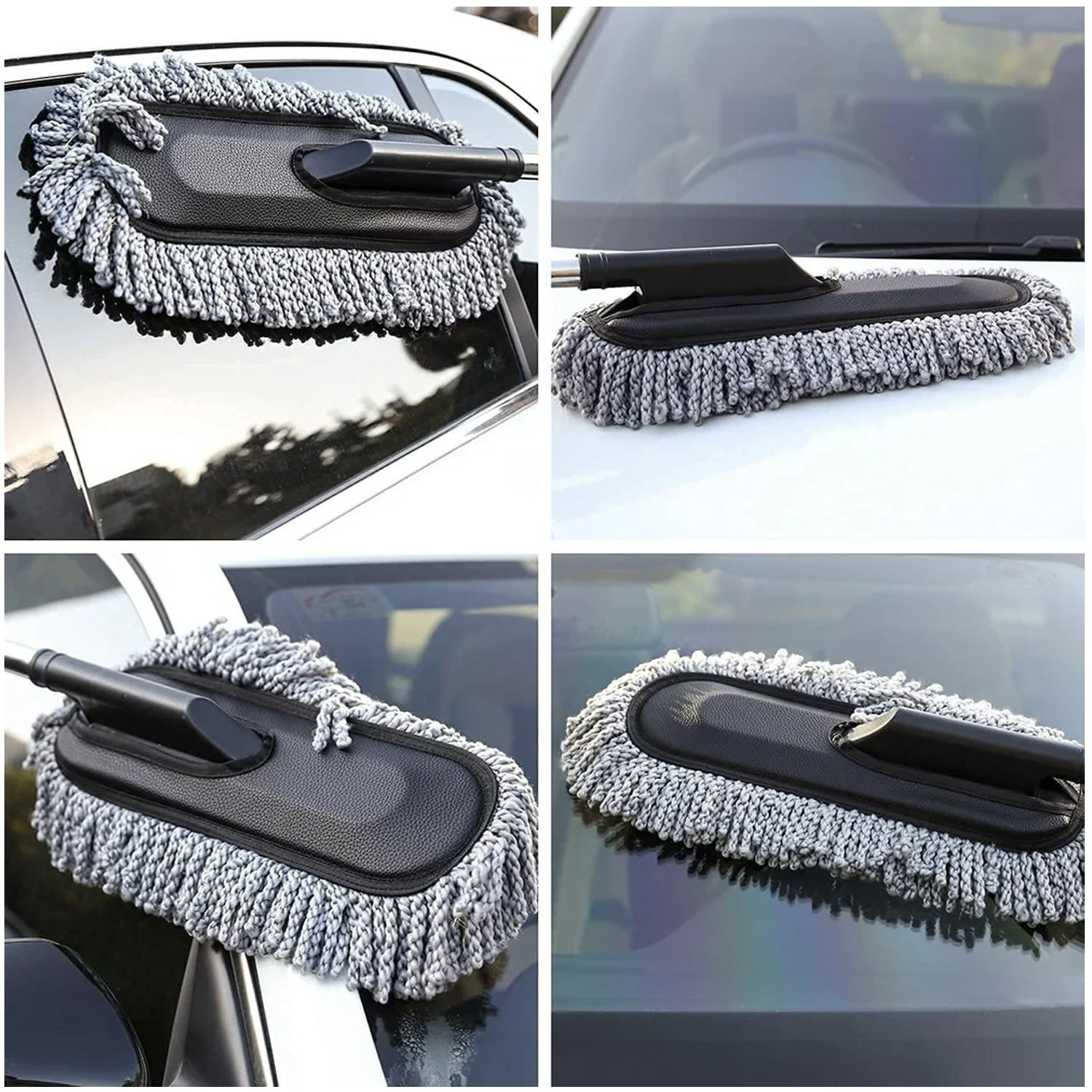 Close-up of soft microfiber bristles and ergonomic handle on the car duster.
