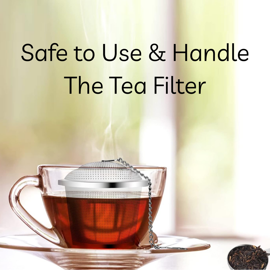 Detailed view of the stainless steel tea infuser filter, highlighting its fine mesh.