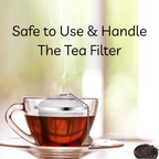 Detailed view of the stainless steel tea infuser filter, highlighting its fine mesh.