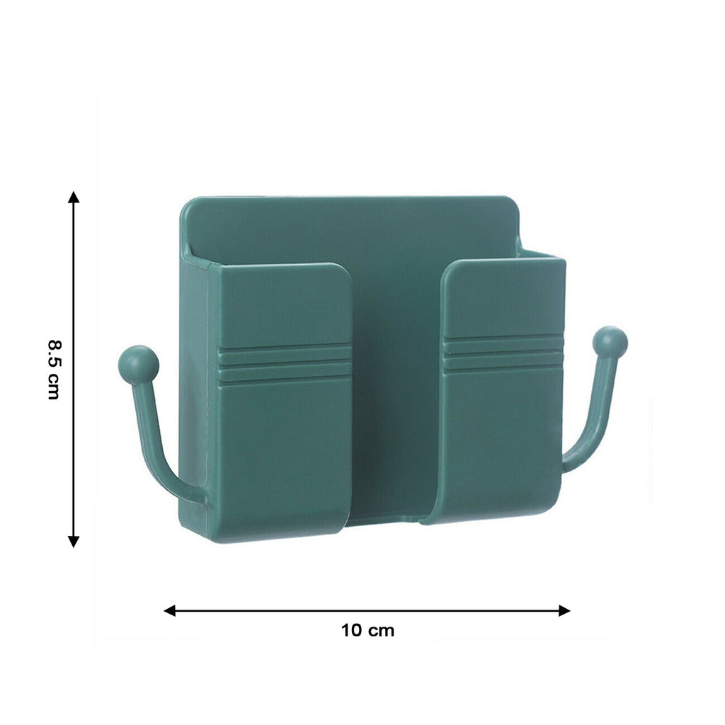 Wallmount mobile stand shown in a bedroom, holding a phone and small garment.