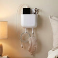 Wall mounted mobile charging holder with storage pocket and dual hooks