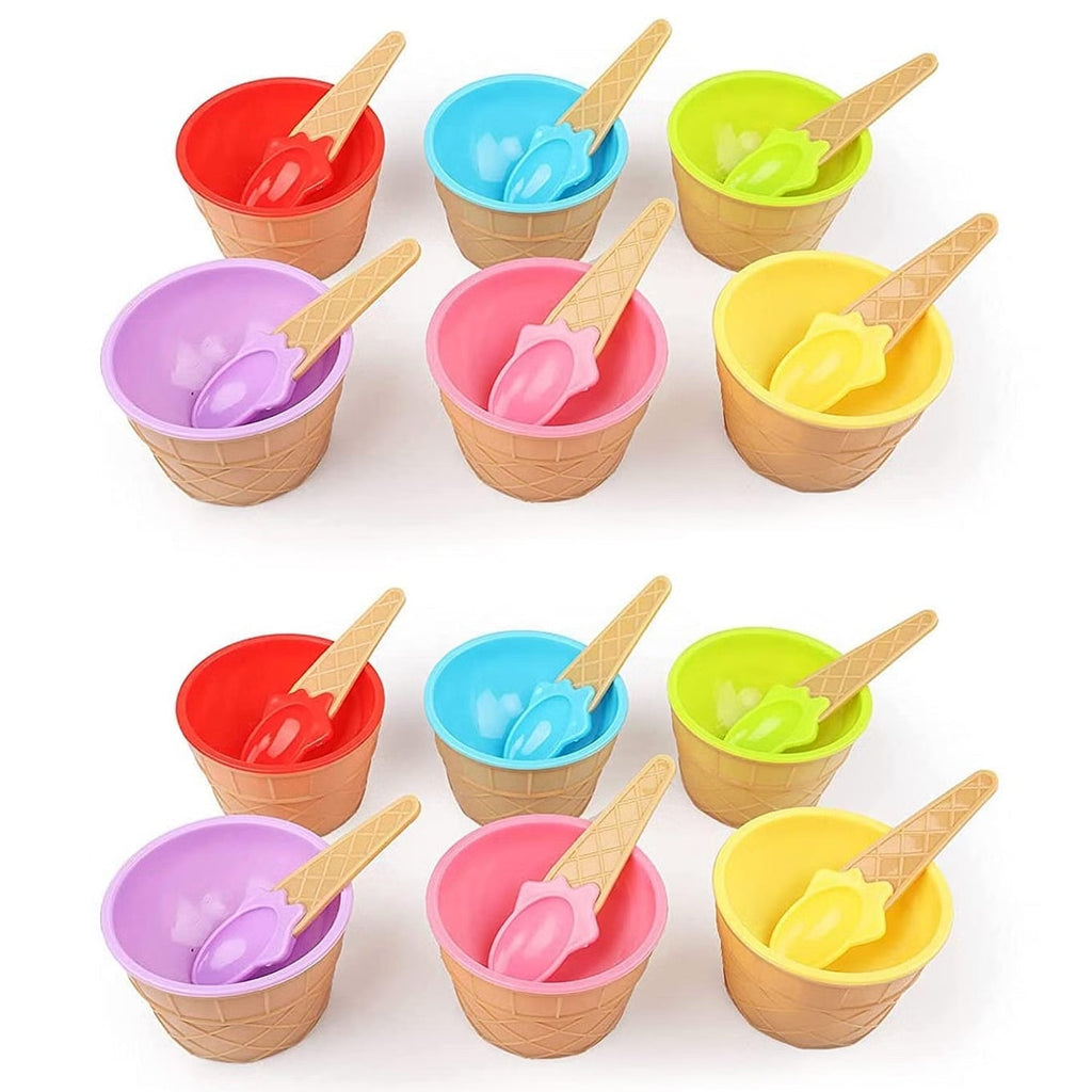 Arrangement of colorful dessert bowls and spoons ready for serving.