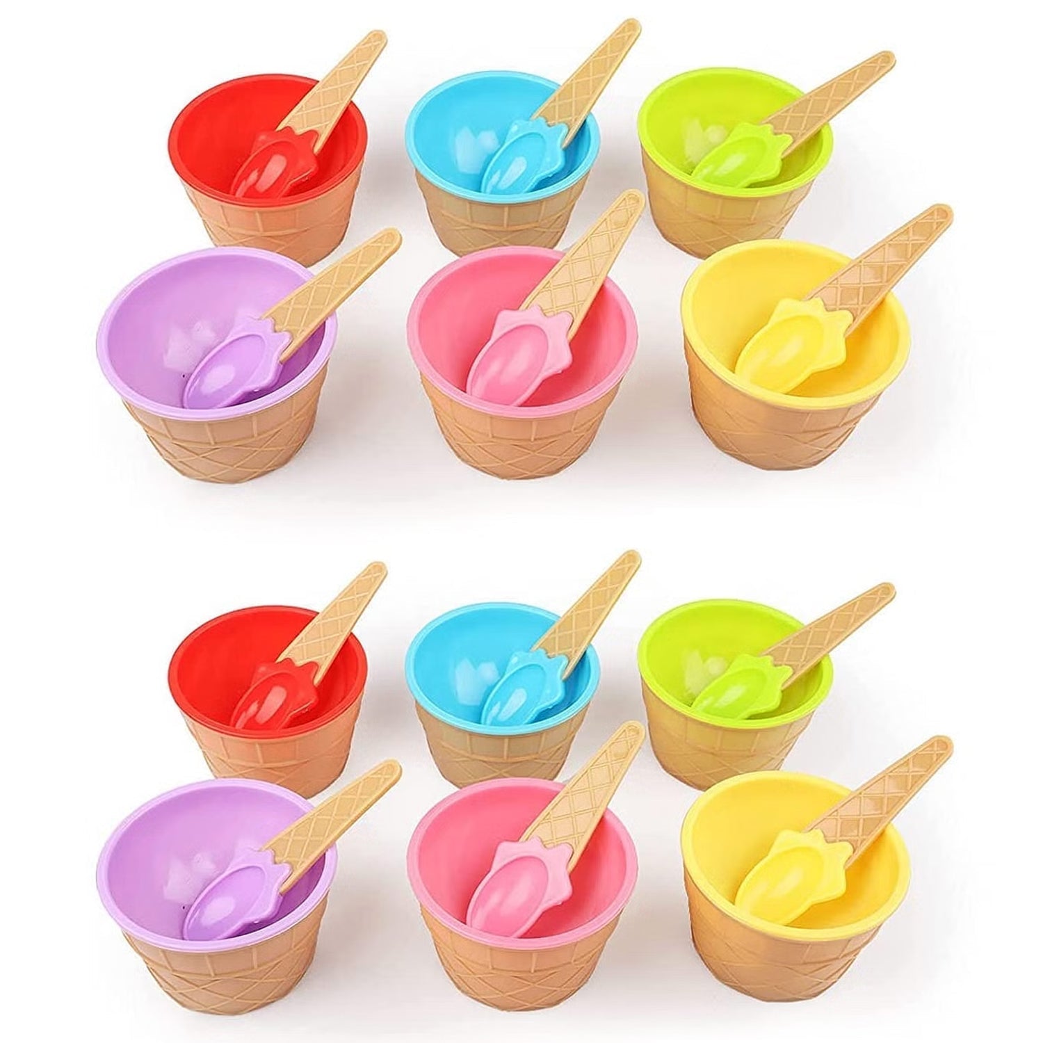 Arrangement of colorful dessert bowls and spoons ready for serving.