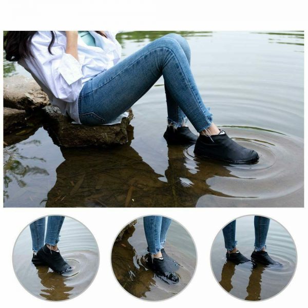 Anti-skid sole pattern on a waterproof silicone boot cover for rain protection.