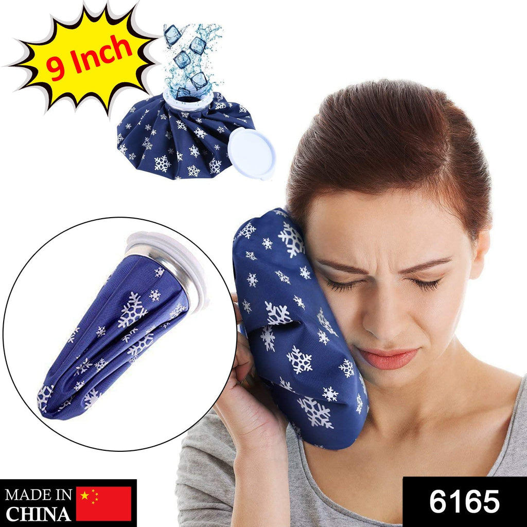Close-up of the reusable ice bag, highlighting its secure cap and durable fabric for muscle pain.