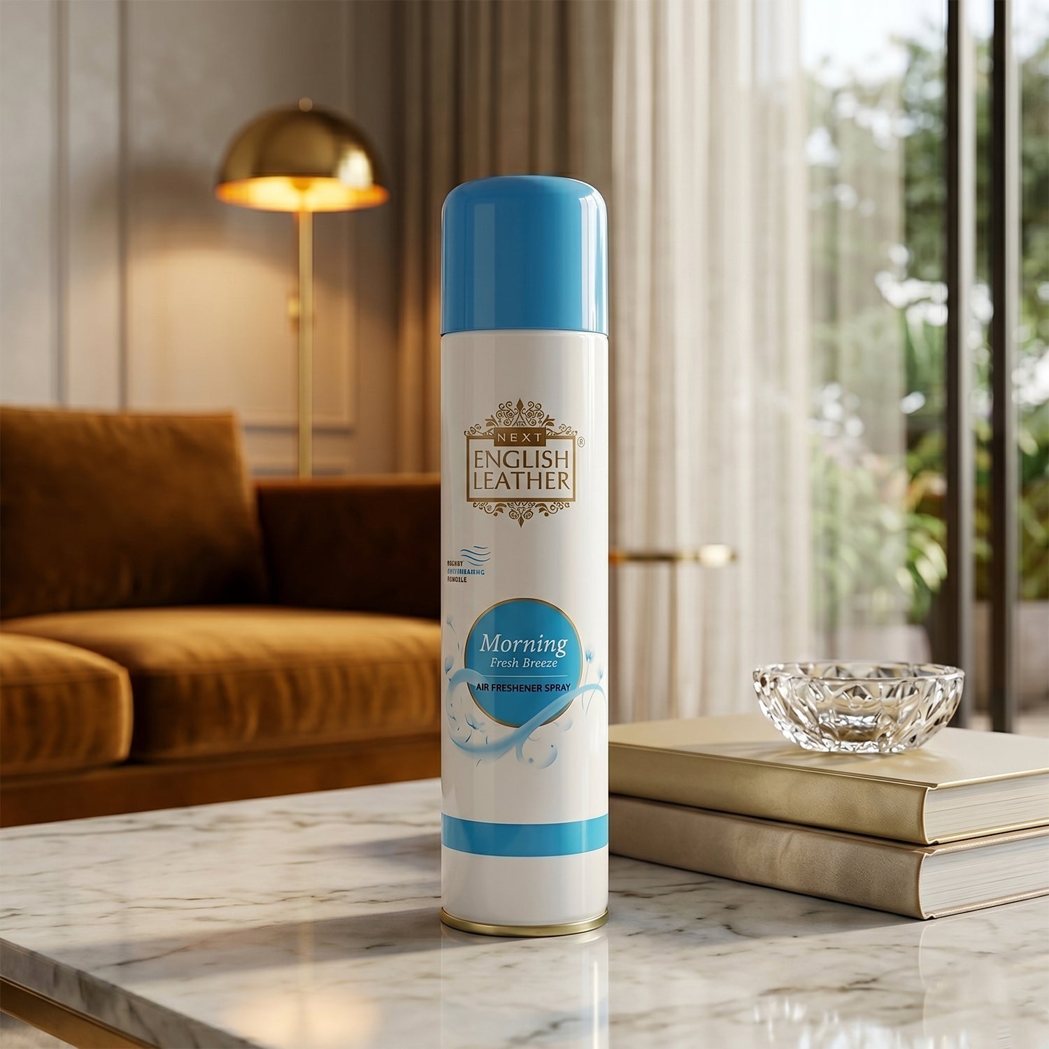 Premium Air Freshener Spray bottle with mixed fragrance background
