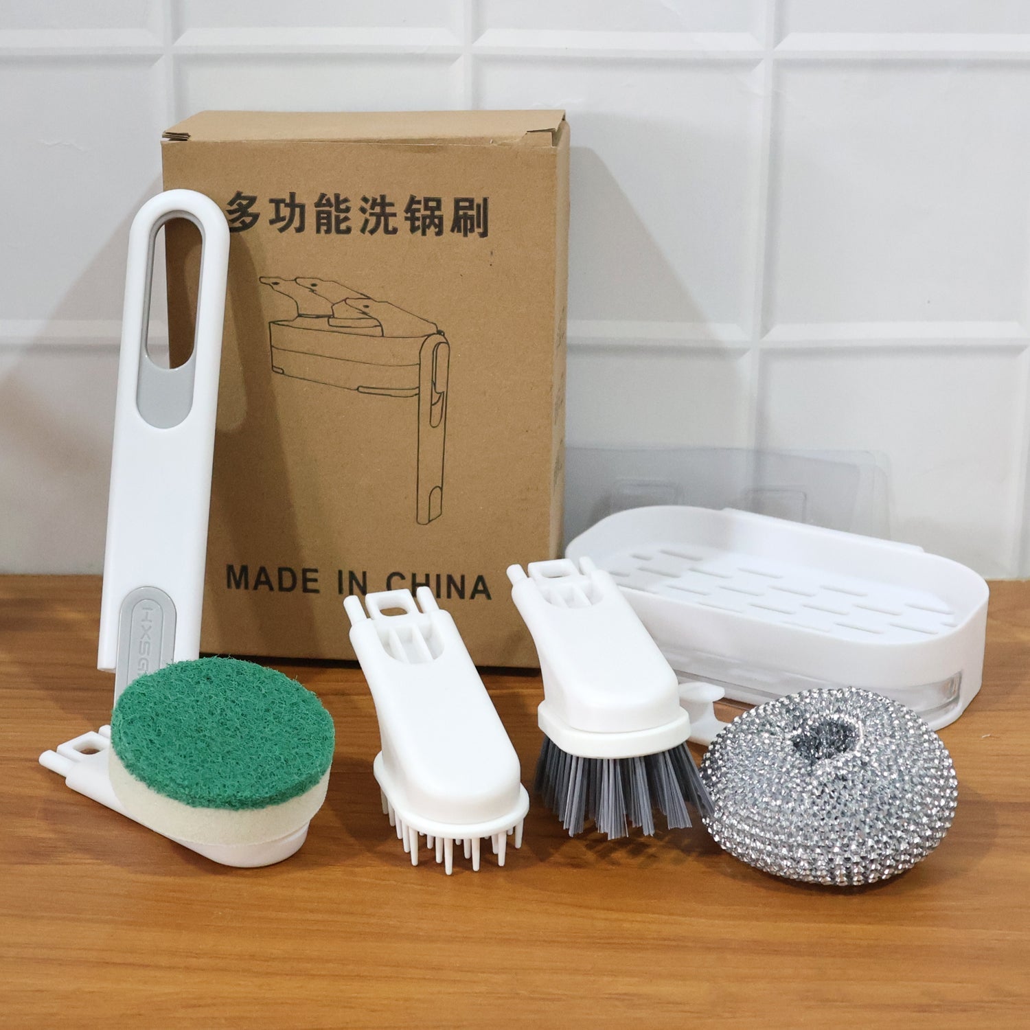 Easy access wall mounted cleaning brush and scrubber tray for sink