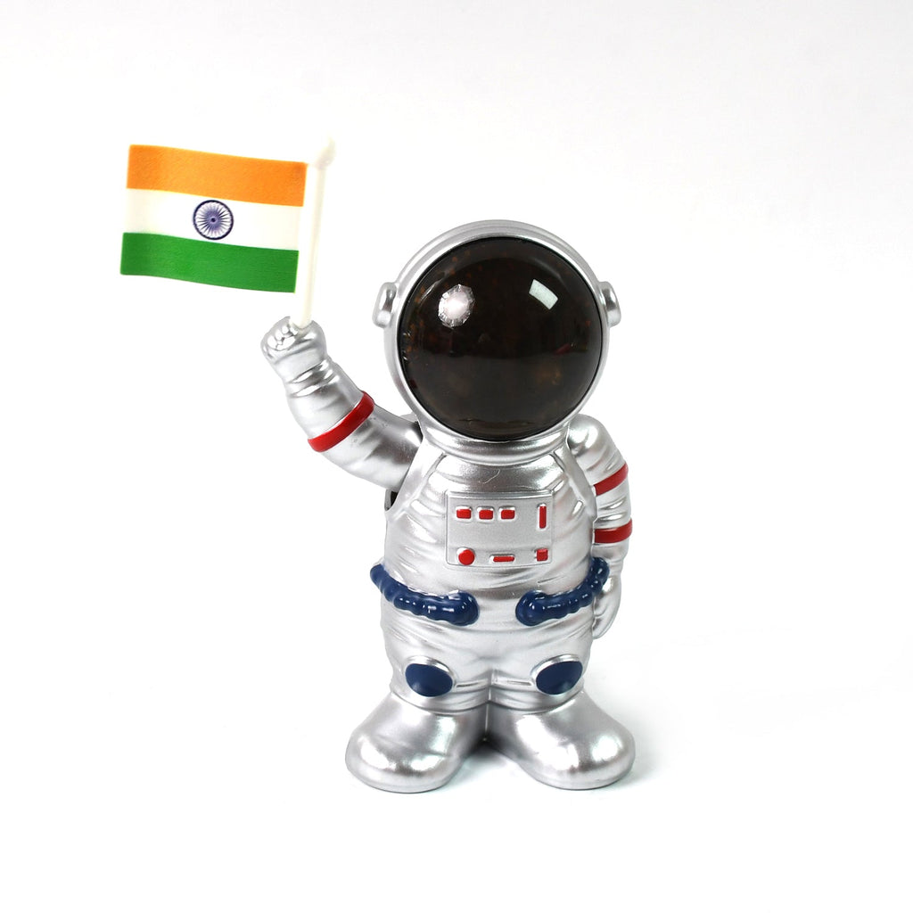 Detailed image of solar astronaut ornament with nodding head and Indian flag