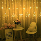 Star-shaped curtain string lights illuminated with multiple flashing modes for ambiance.