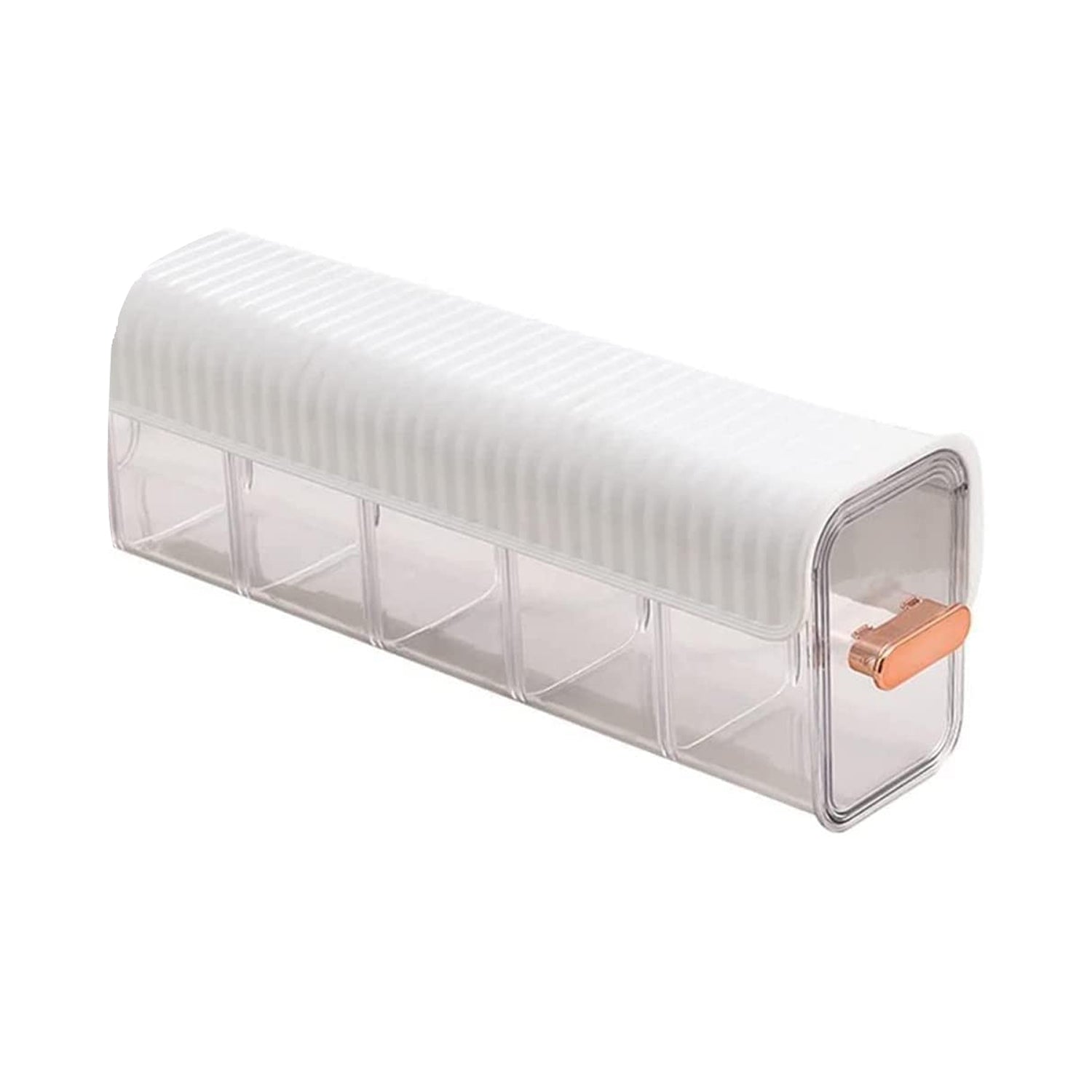 Clear 5-cell drawer organizer mounted inside a kitchen cabinet for spices.