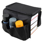 Black sofa armrest organizer showcasing its durable oxford polyester fabric.