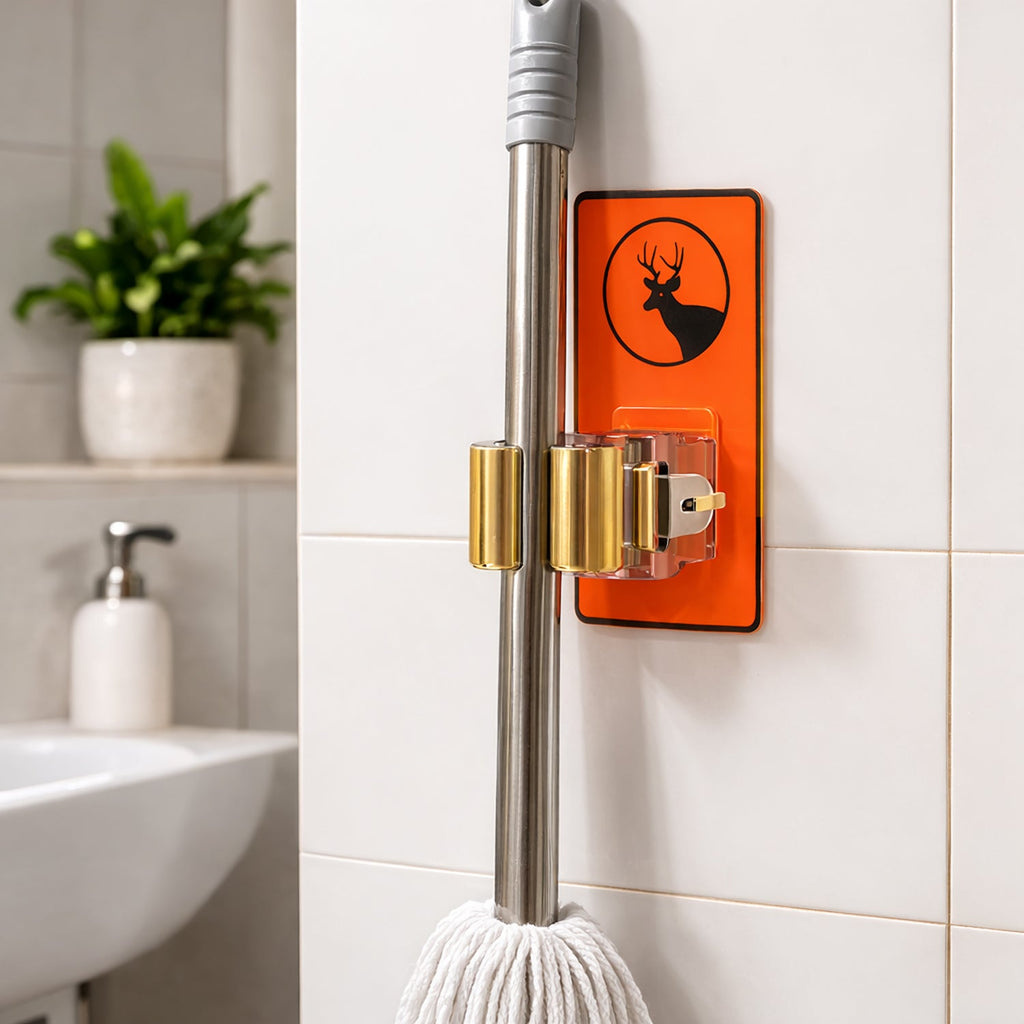 Mop holder clip for kitchen and bathroom storage