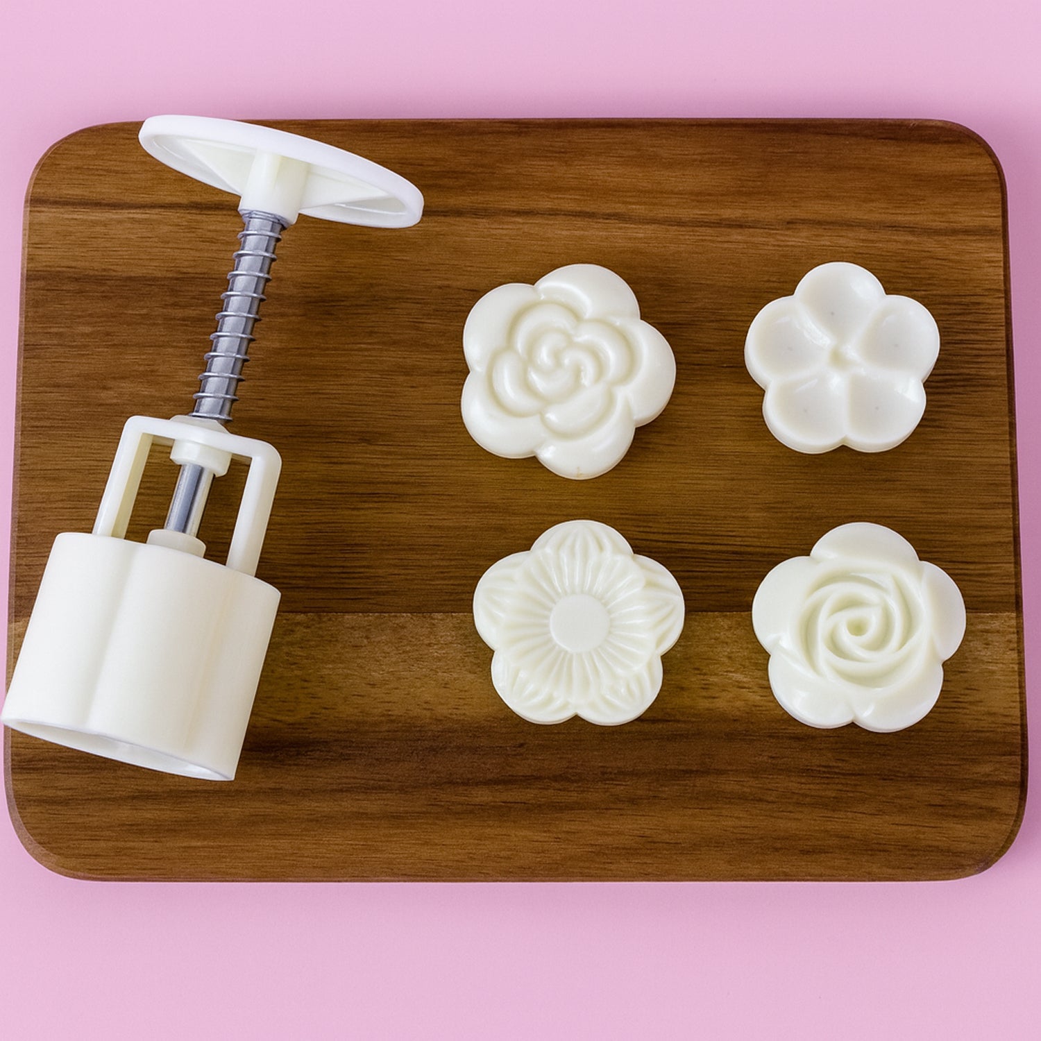 Complete mooncake press mold kit with handle and 4 interchangeable floral stamps