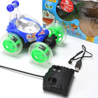 A red and blue Stunt Remote Control Car performing a trick with bright 3D lights.